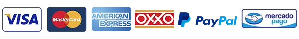 Métodos de pago: Visa, Mastercard, Amex, OXXO, PayPal, Mercado Pago